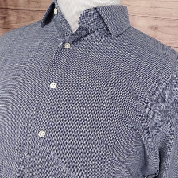 Nordstrom Shirt Mens 17.5 Blue Non Iron Trim Fit Plaid Dress Long Sleeve - Picture 2 of 9